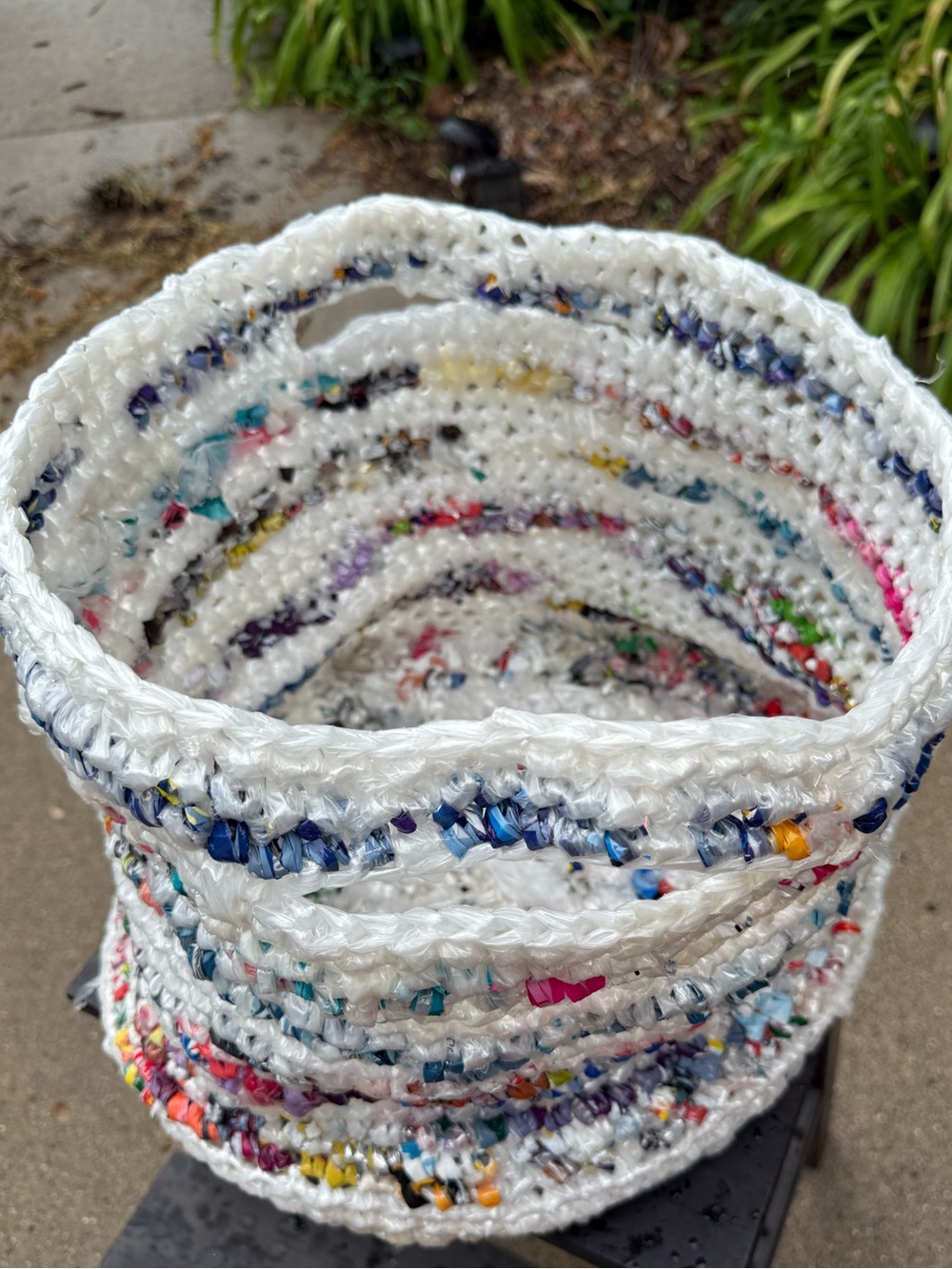 Handmade from repurposed plastic bags crocheted shopping basket laundry tote